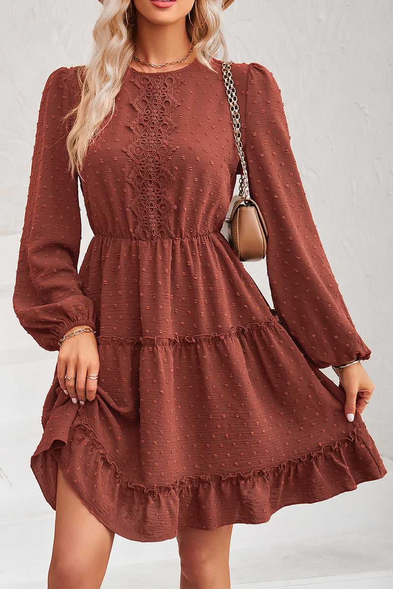 Round Neck Lace Long Sleeve Mini Dress