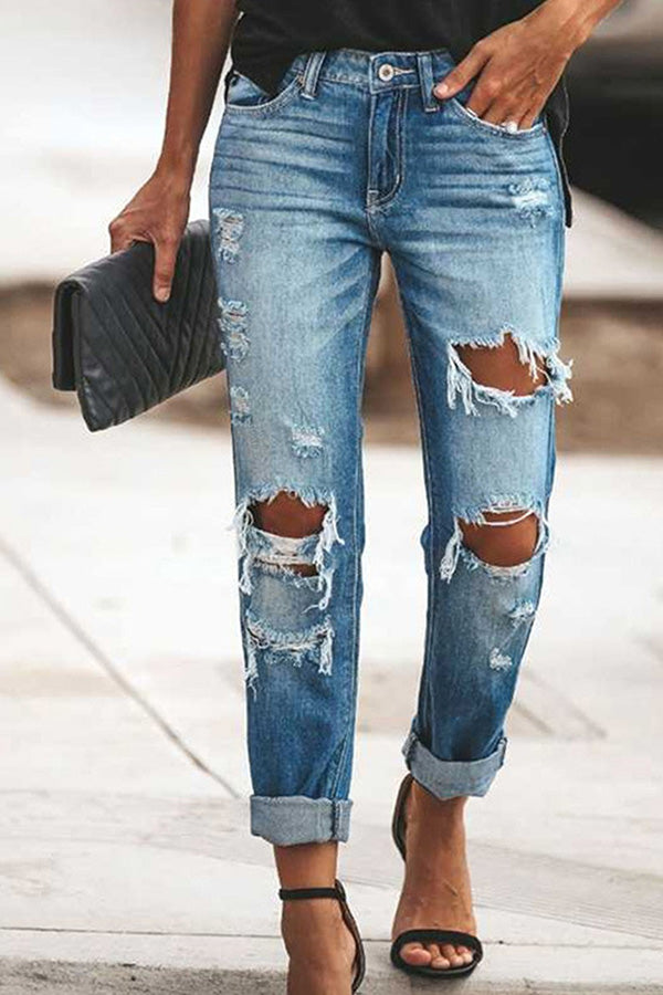 Ripped Cutout Single Button Jeans