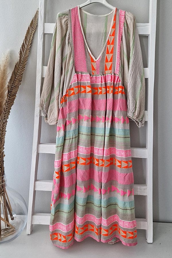 Pink Greek Key and Orange Chain Striped Print Midi Dress