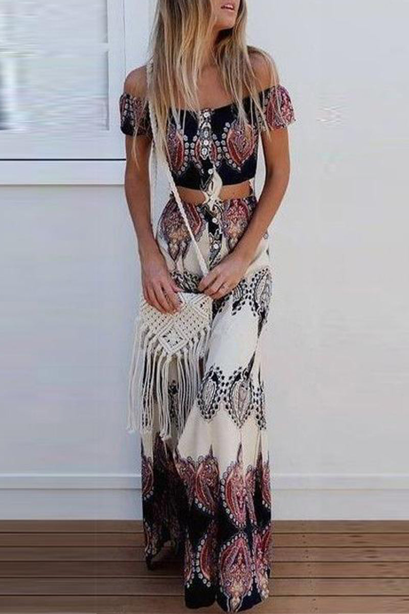 Print Off Shoulder Tube Top High Waist Dress 2 Pieces Set