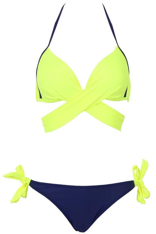 Neon Yellow Wrap Around Side Tie Halter Sexy Bikini Bathing Suit