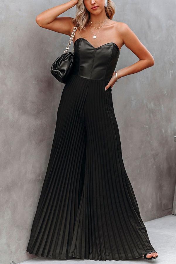 Strapless Faux Leather Pleated Jumpsuit