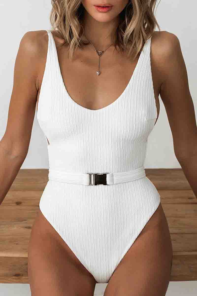 Belt Design Solid One-piece Swimsuit (5 Colors)