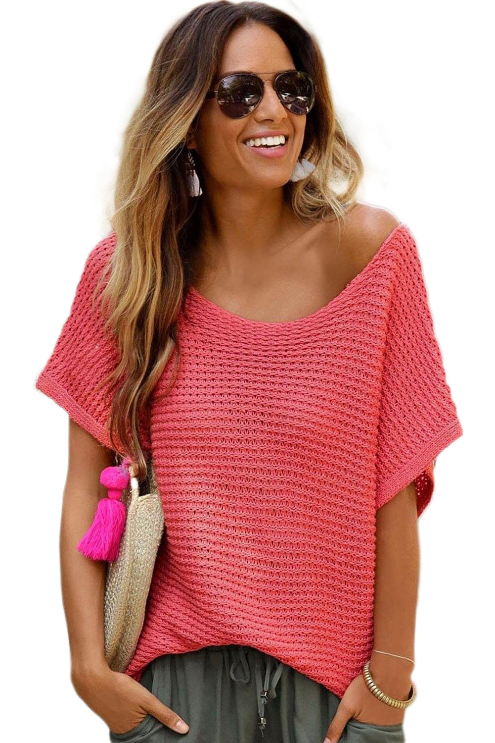 Ginger Solid Loose Knit Short Dolman Sleeve Sweater