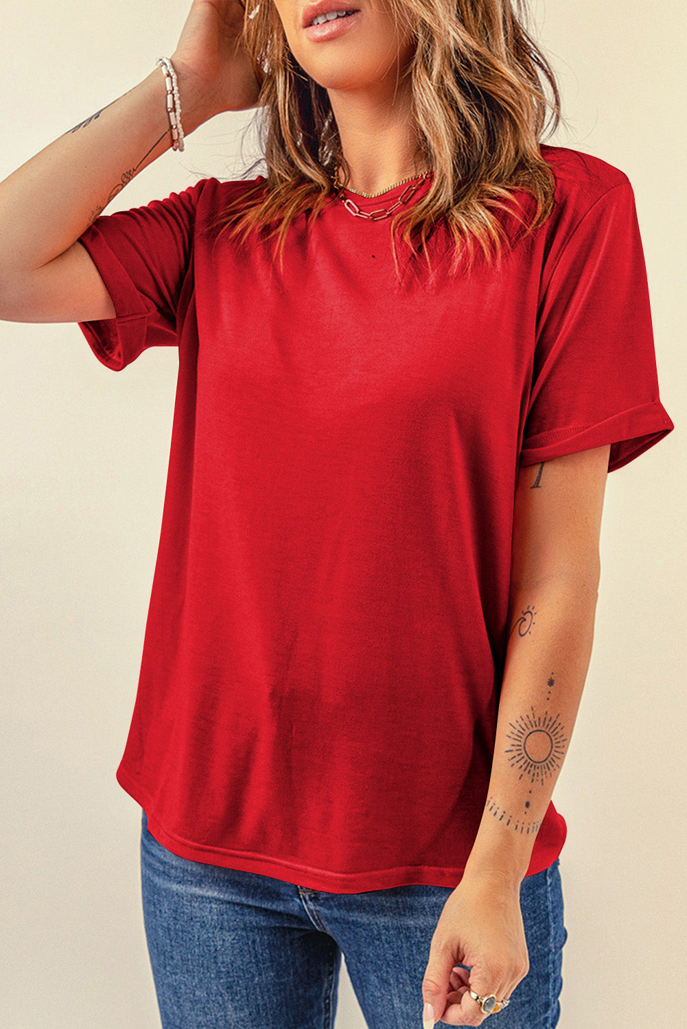 Blue Casual Plain Crew Neck Tee