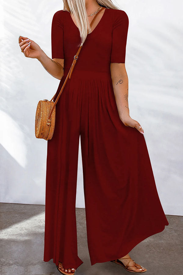 Plain Basic Short Sleeve Wide Leg Jumpsuit