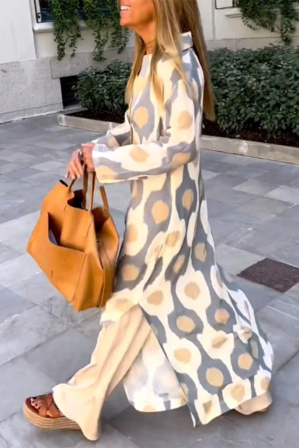 Long Sleeves Loose Printed V-Neck Maxi Dresses