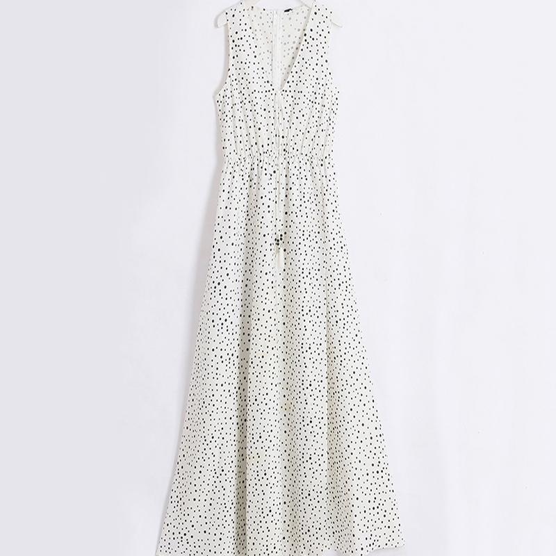 V Neck Dot Printed Floor Length Dress(3 Colors)