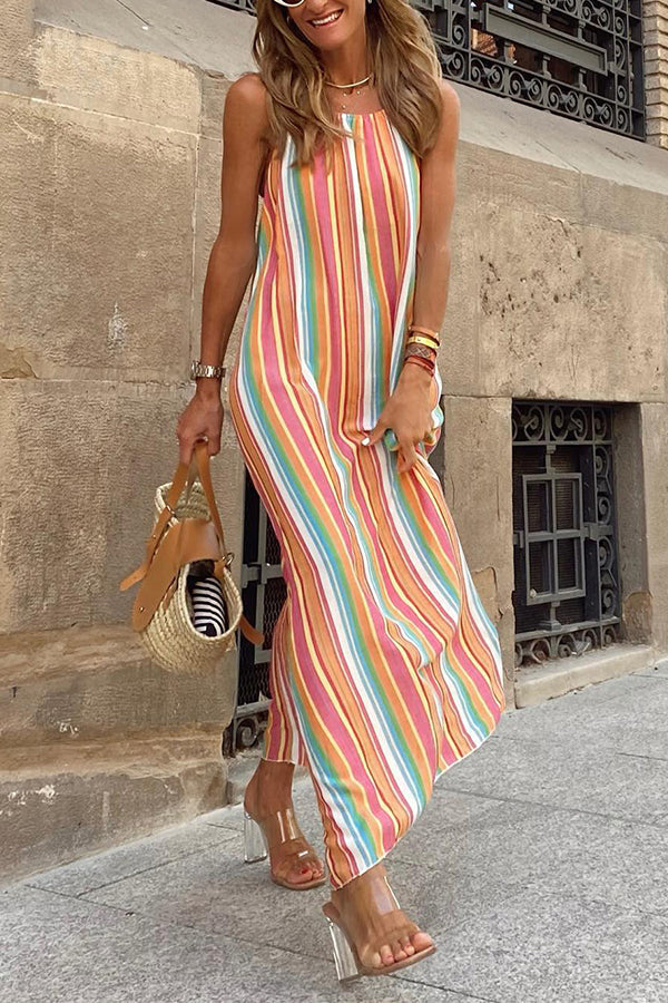 Bohemian Striped Print Colorblock Sleeveless Maxi Dress