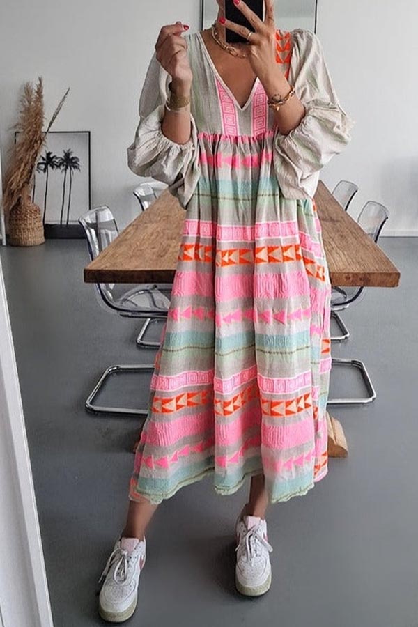 Pink Greek Key and Orange Chain Striped Print Midi Dress