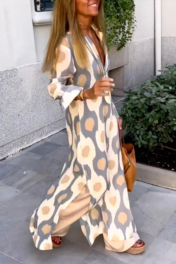 Long Sleeves Loose Printed V-Neck Maxi Dresses