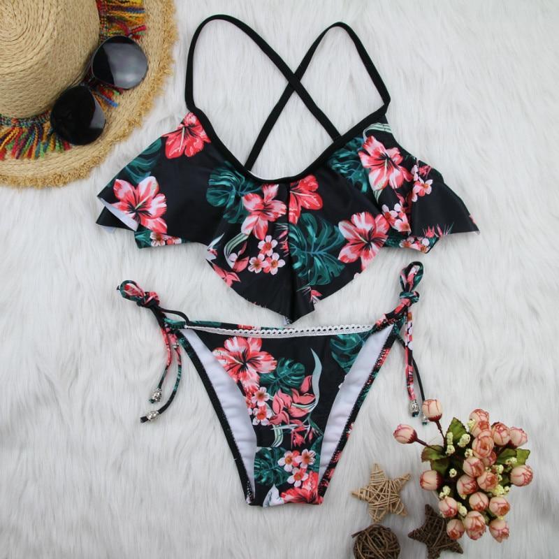 Floral Print Ruffle Push up Bikini