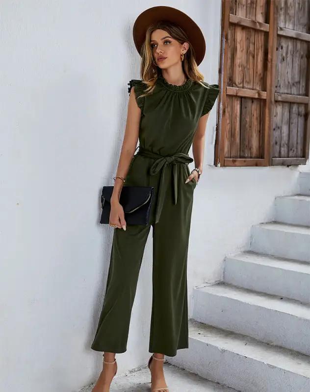 Women's elegant casual belted sleeveless jumpsuit