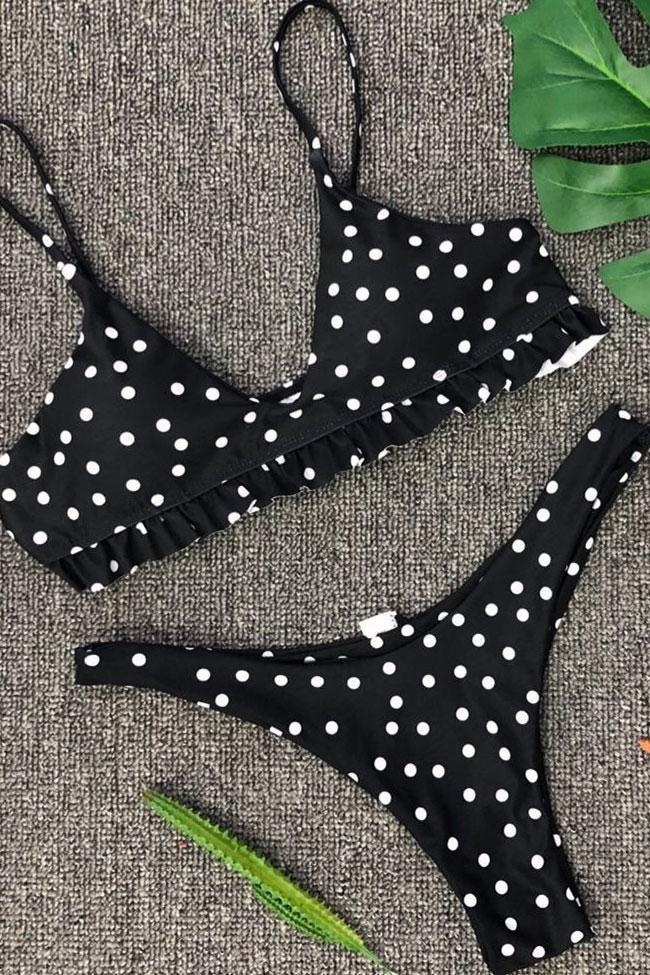 Black Sweet Polka Dots Ruffle High Cut Thong Bralette Bikini