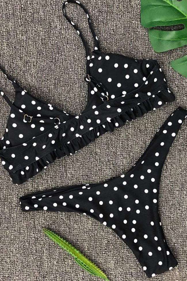 Black Sweet Polka Dots Ruffle High Cut Thong Bralette Bikini