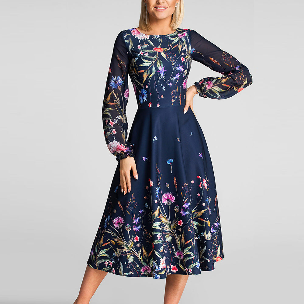 Vintage Print Crew Neck Long Sleeve Dress