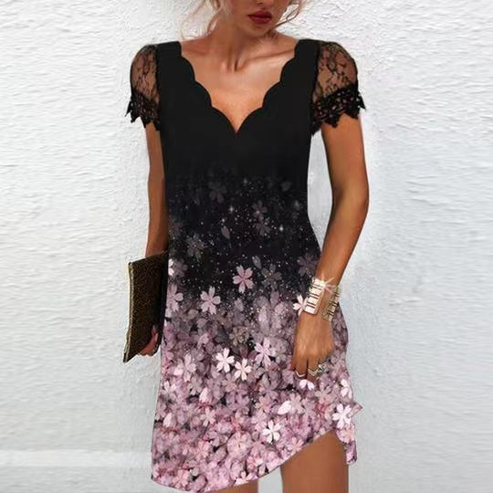 Elegant Floral Short Sleeve Mini Dress