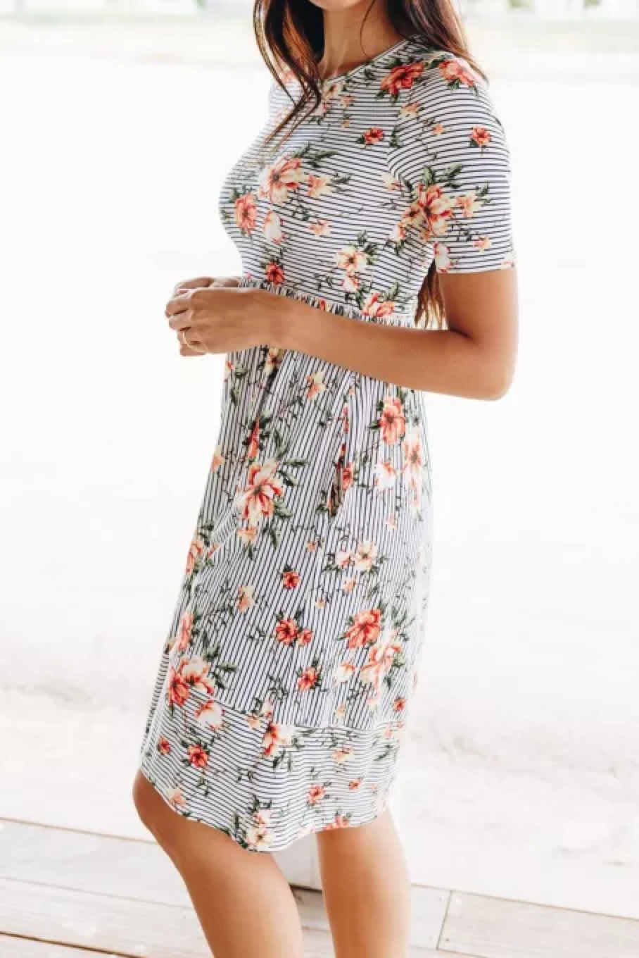 Striped Flower Short Sleeve Flowy Midi Dress