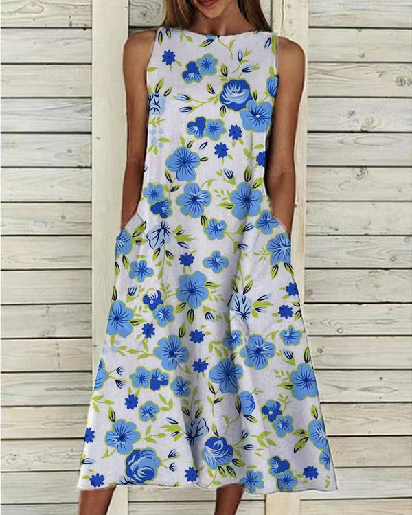 Fresh Floral Print Sleeveless Midi Dress