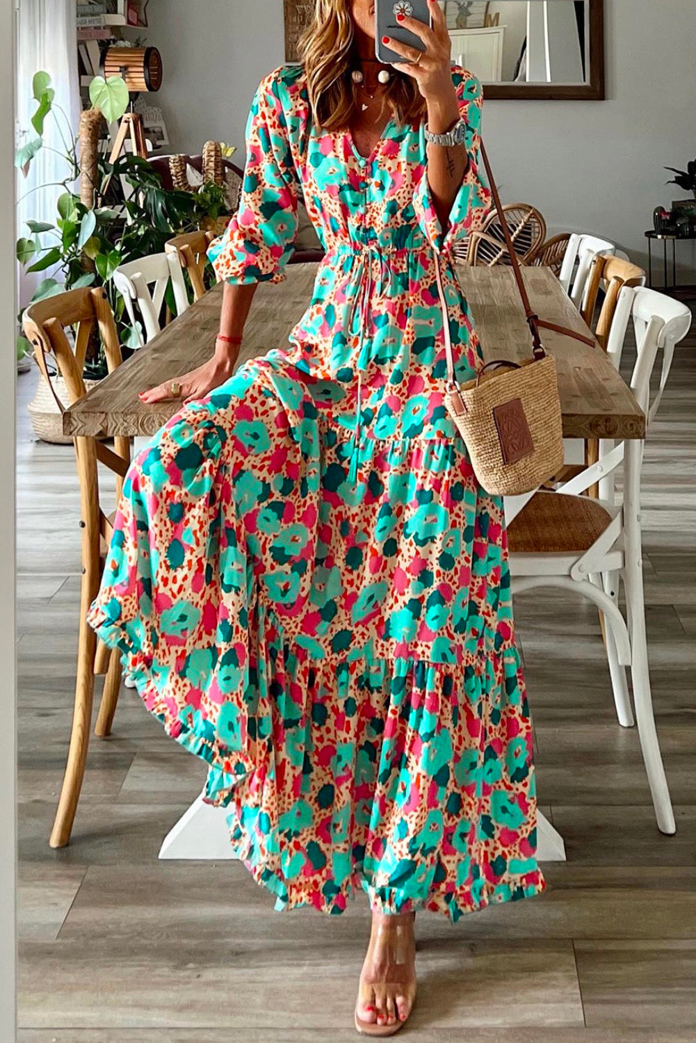 Multicolor Print V Neck Ruffle Long Sleeve Maxi Dress