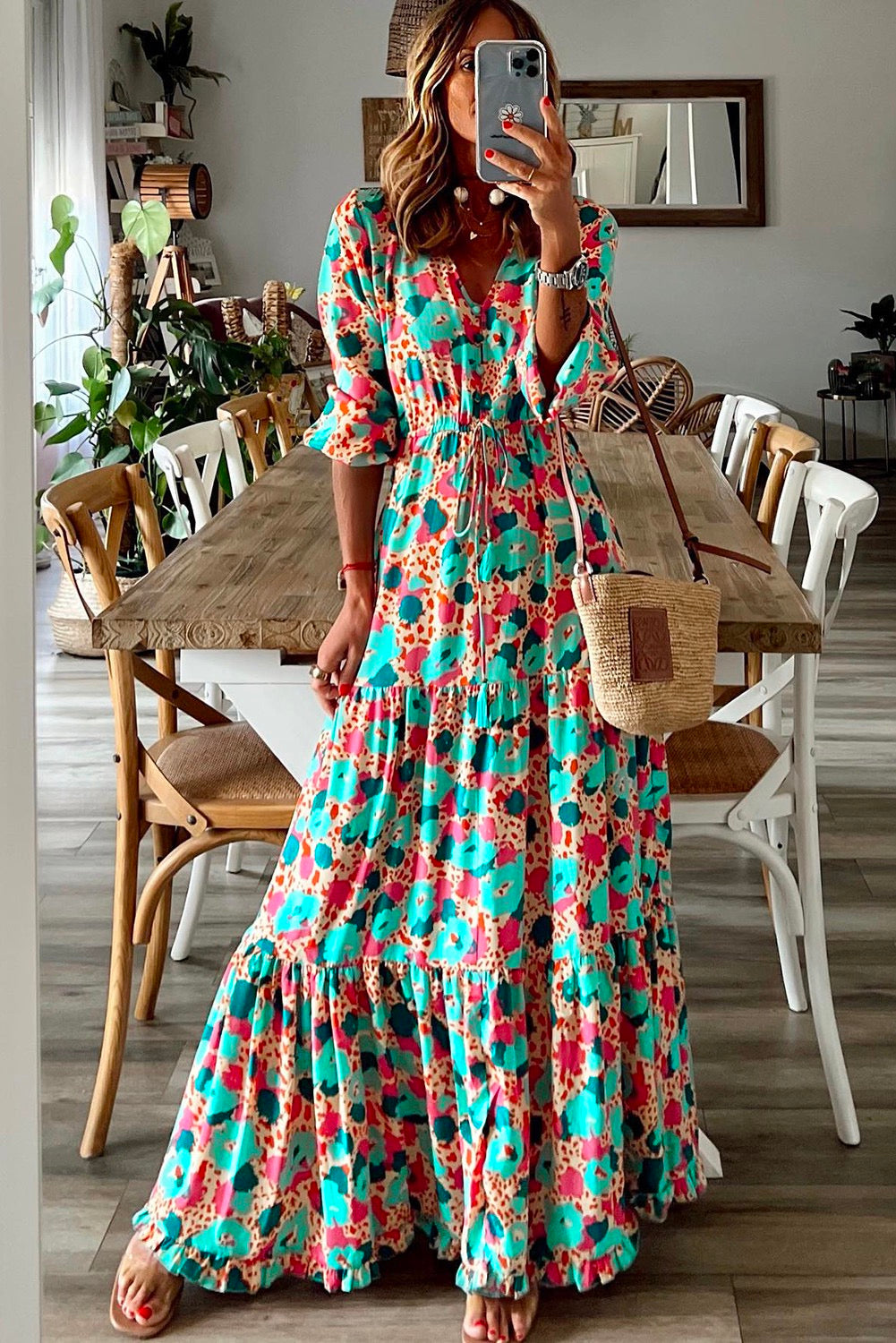 Multicolor Print V Neck Ruffle Long Sleeve Maxi Dress