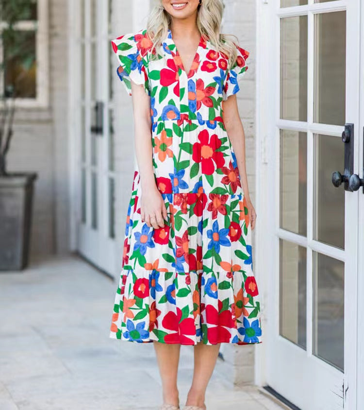 Elegant print v-neck Midi dress