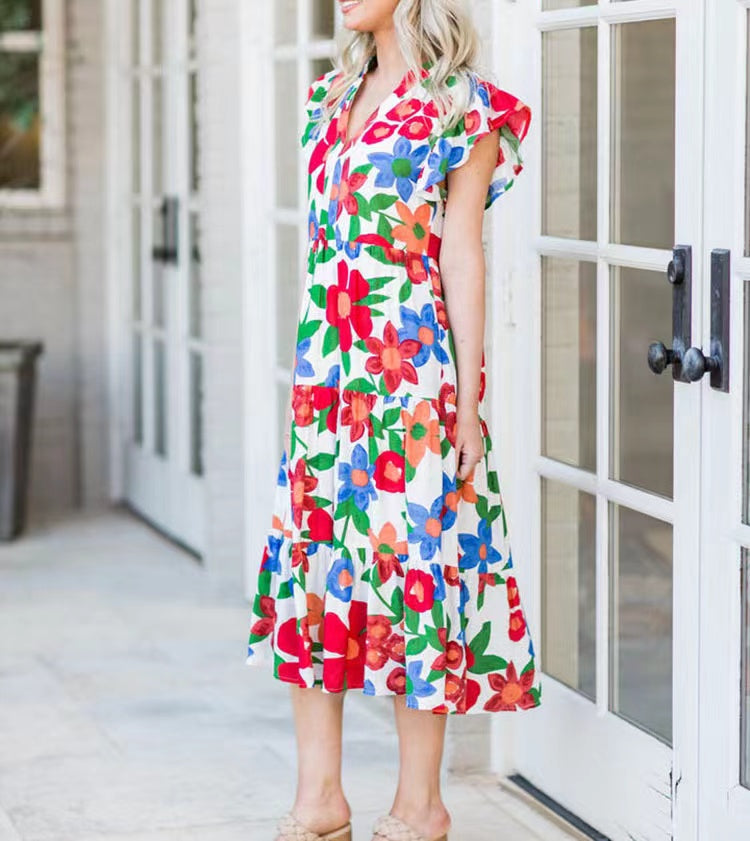 Elegant print v-neck Midi dress