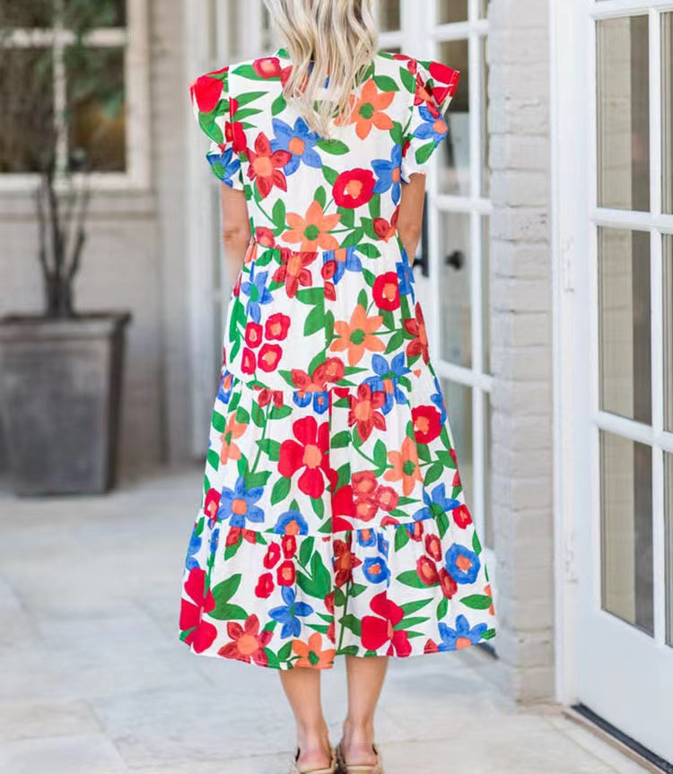 Elegant print v-neck Midi dress