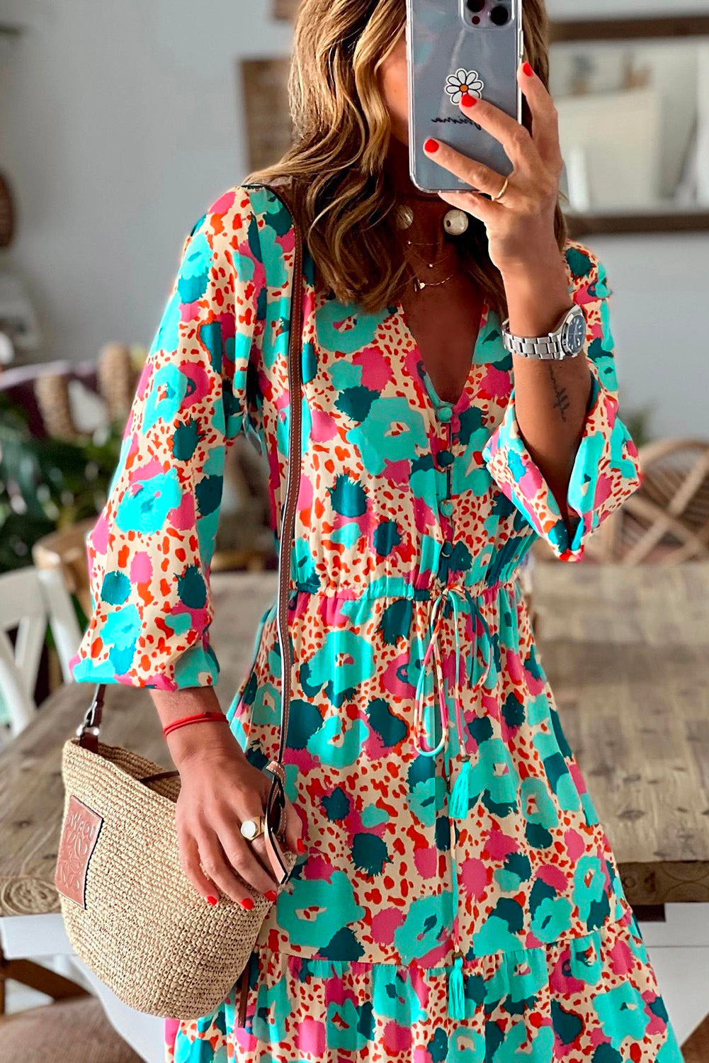 Multicolor Print V Neck Ruffle Long Sleeve Maxi Dress