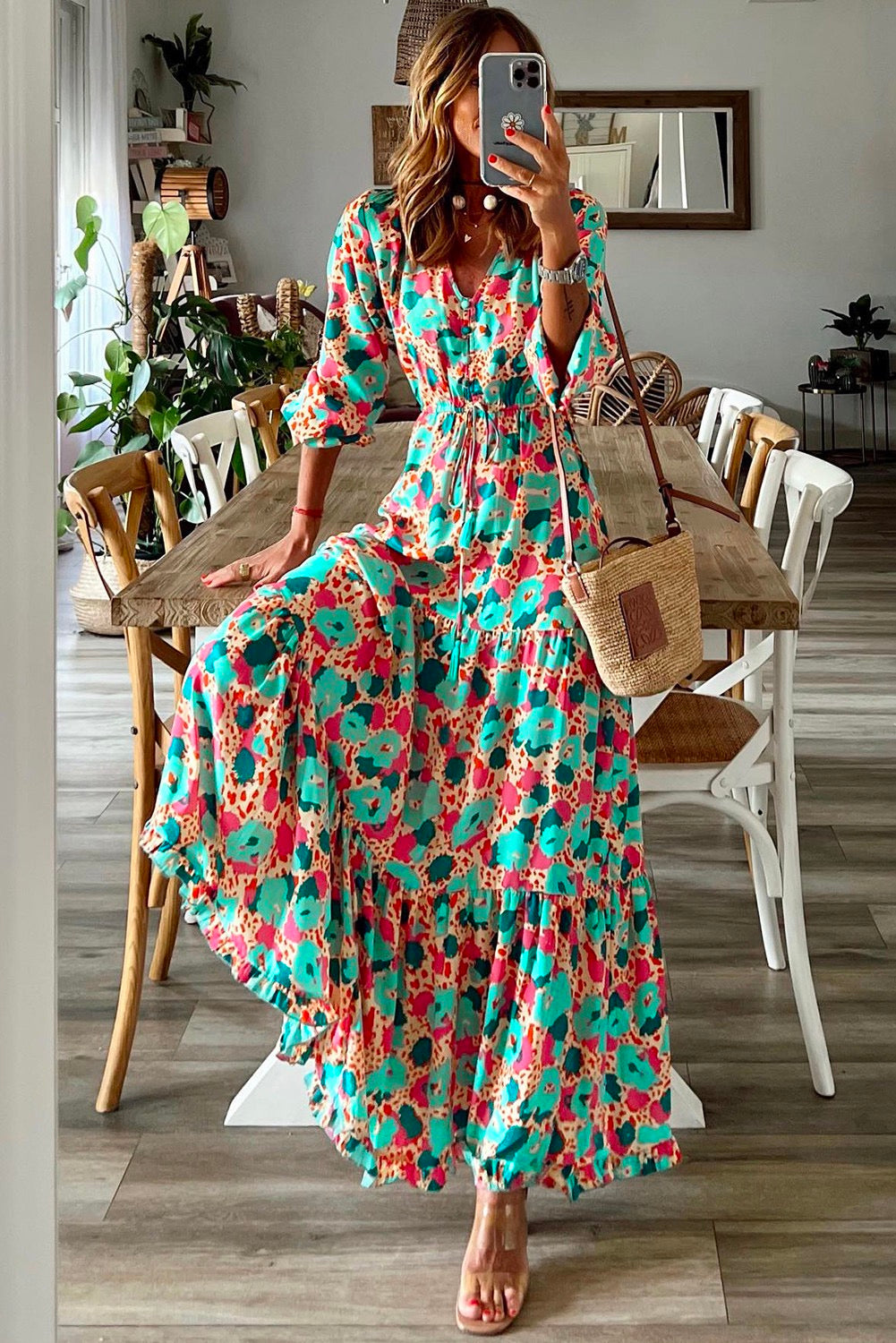 Multicolor Print V Neck Ruffle Long Sleeve Maxi Dress