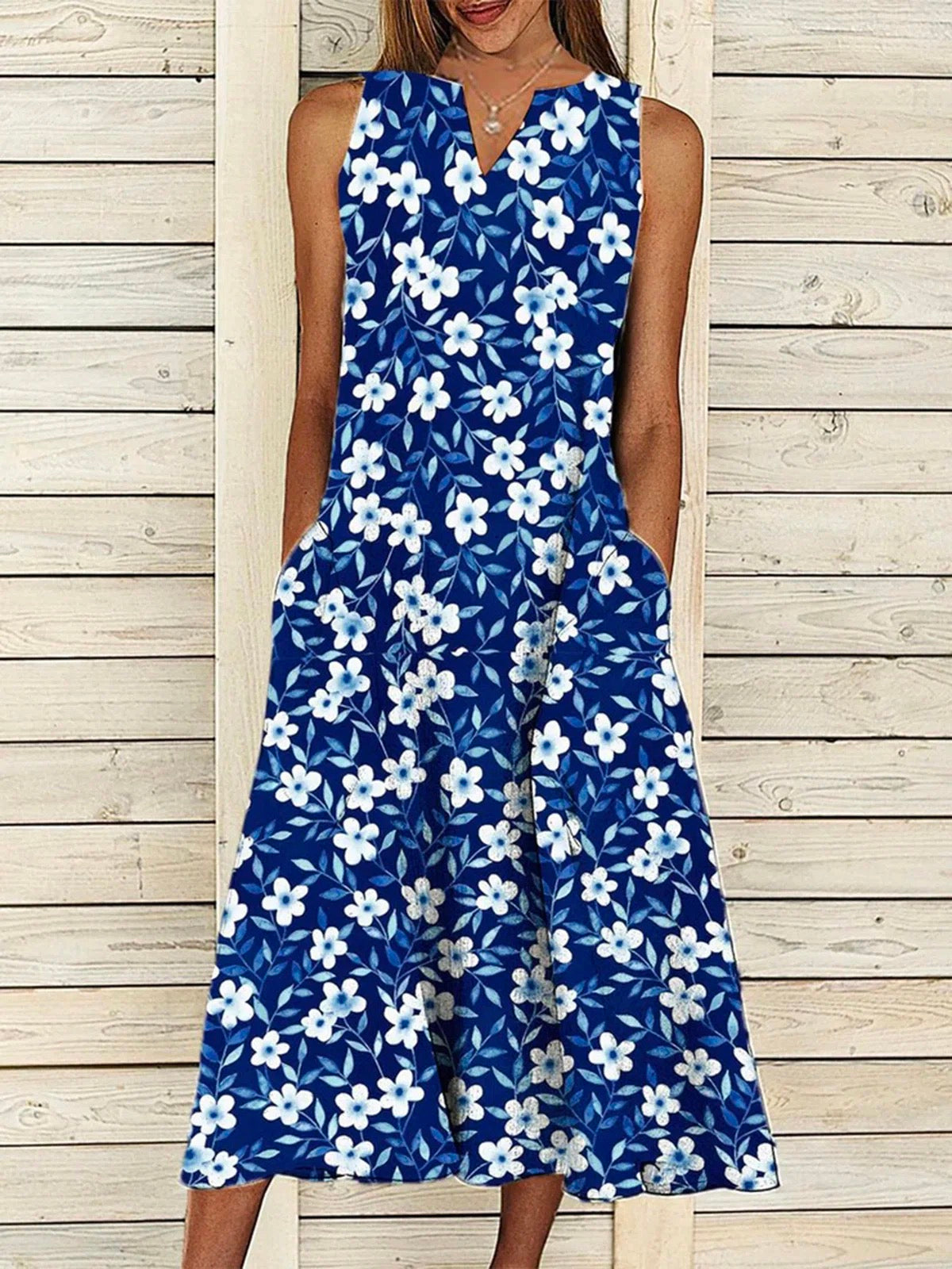 Floral V Neck Sleeveless Pockets A-line Dresses