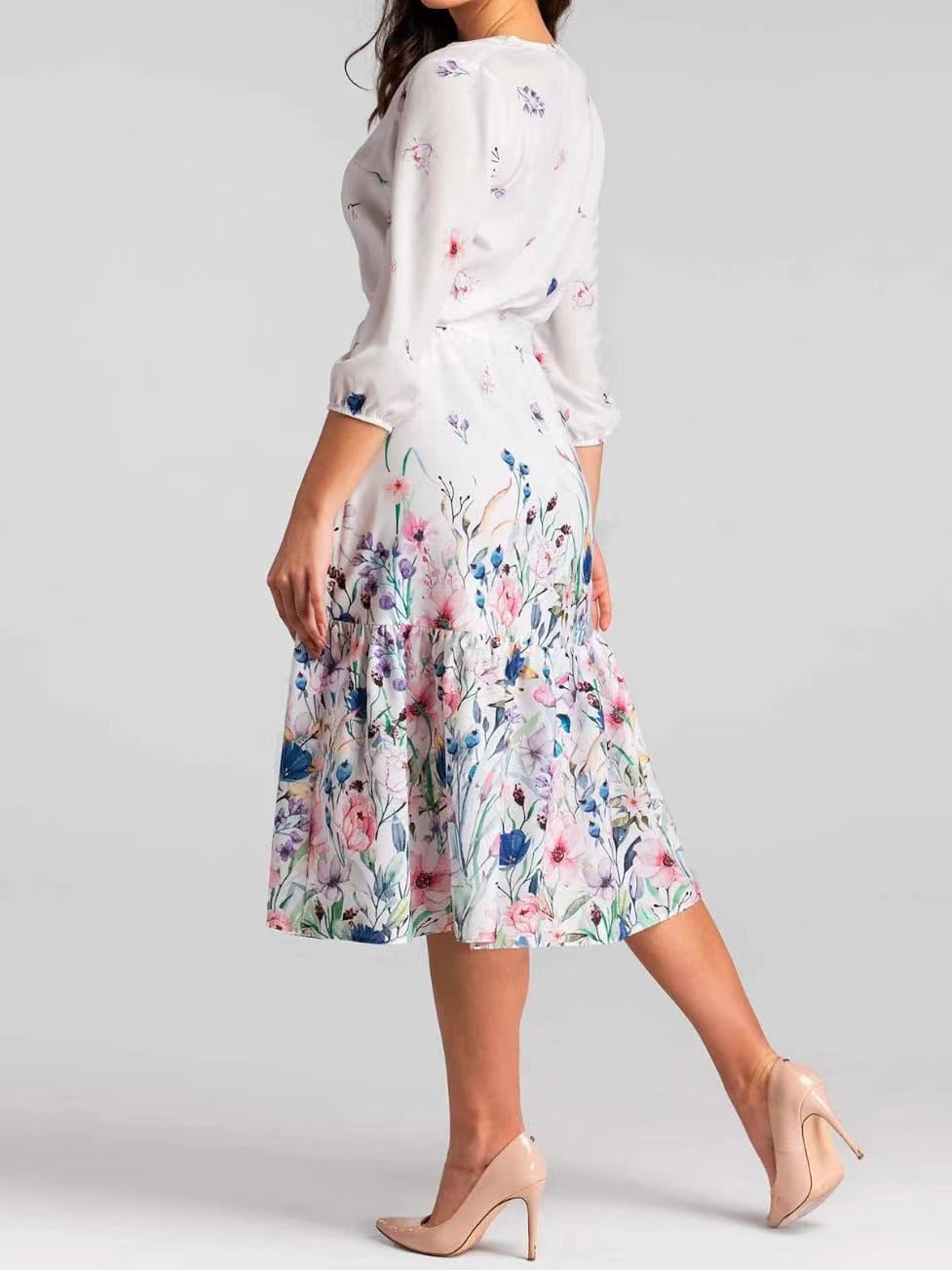 Elegant Long Sleeve Printed Midi Dress