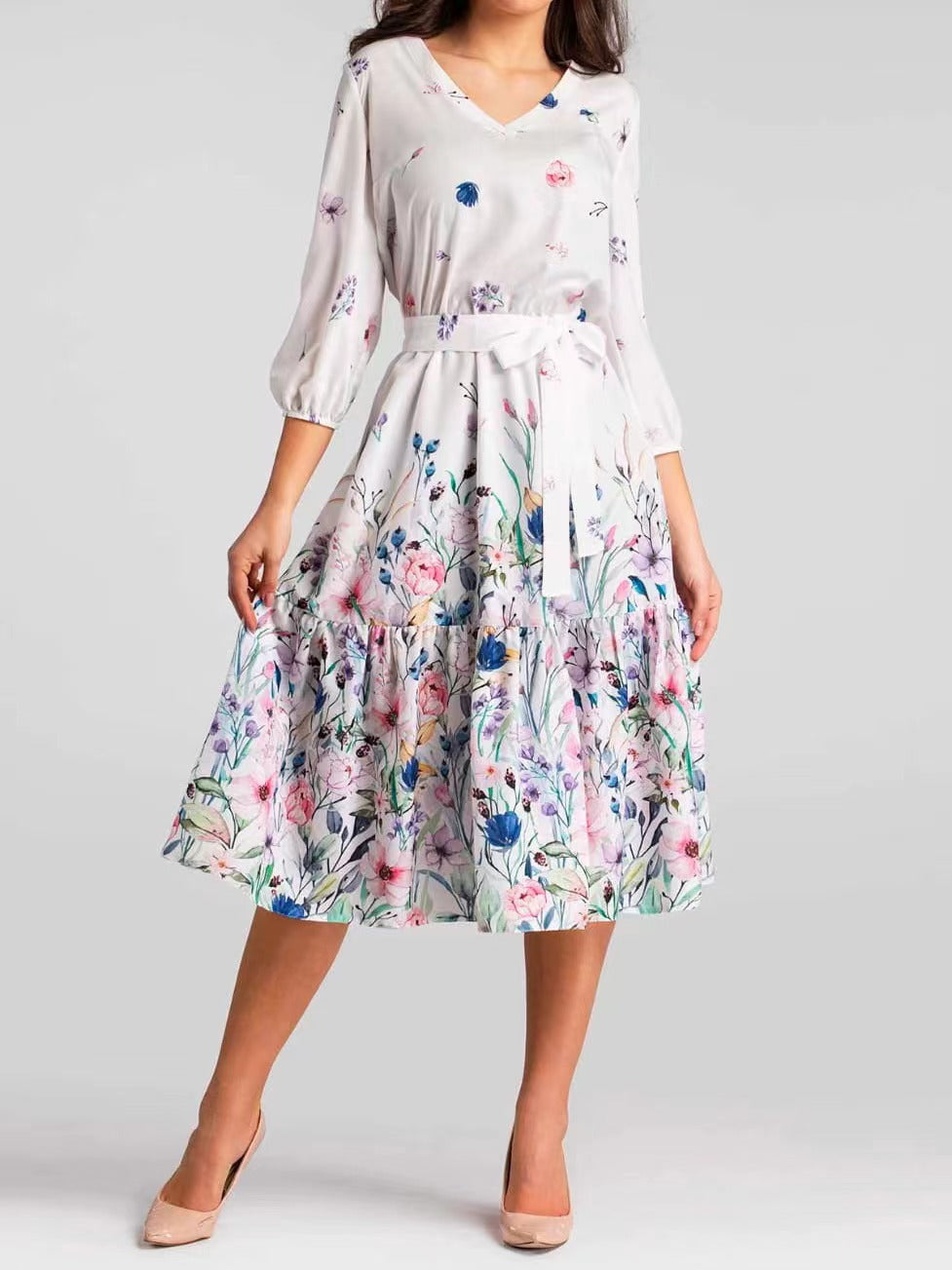 Elegant Long Sleeve Printed Midi Dress