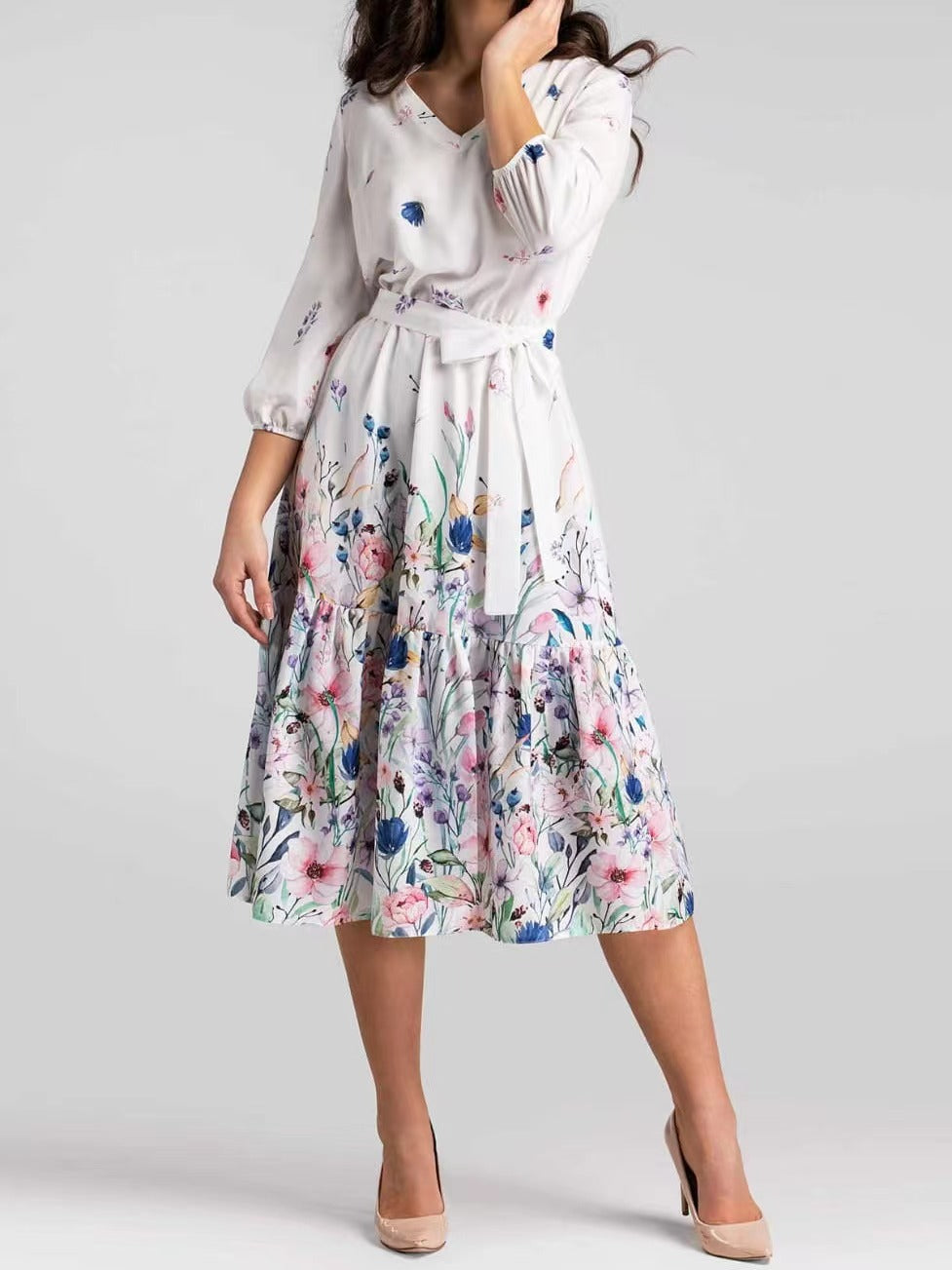 Elegant Long Sleeve Printed Midi Dress