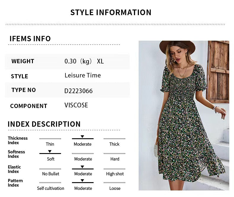 Temperament Print Green Scoop Neck Midi Dress