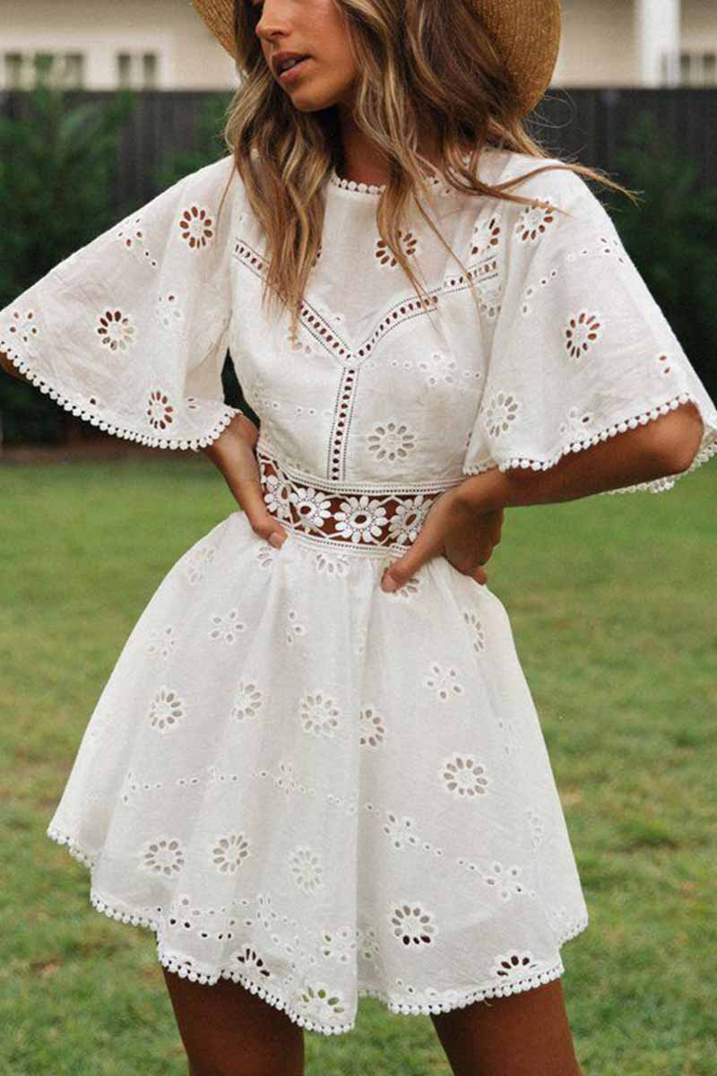 O-Neck White Lace Mini Dress