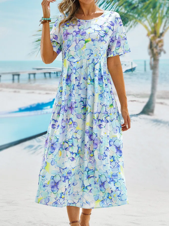 Floral Short Sleeve Woven Casual Loosen Crew Neck Midi Dress