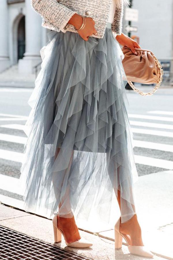 Allegro Ruffle Tulle Midi Skirt Grey Blue