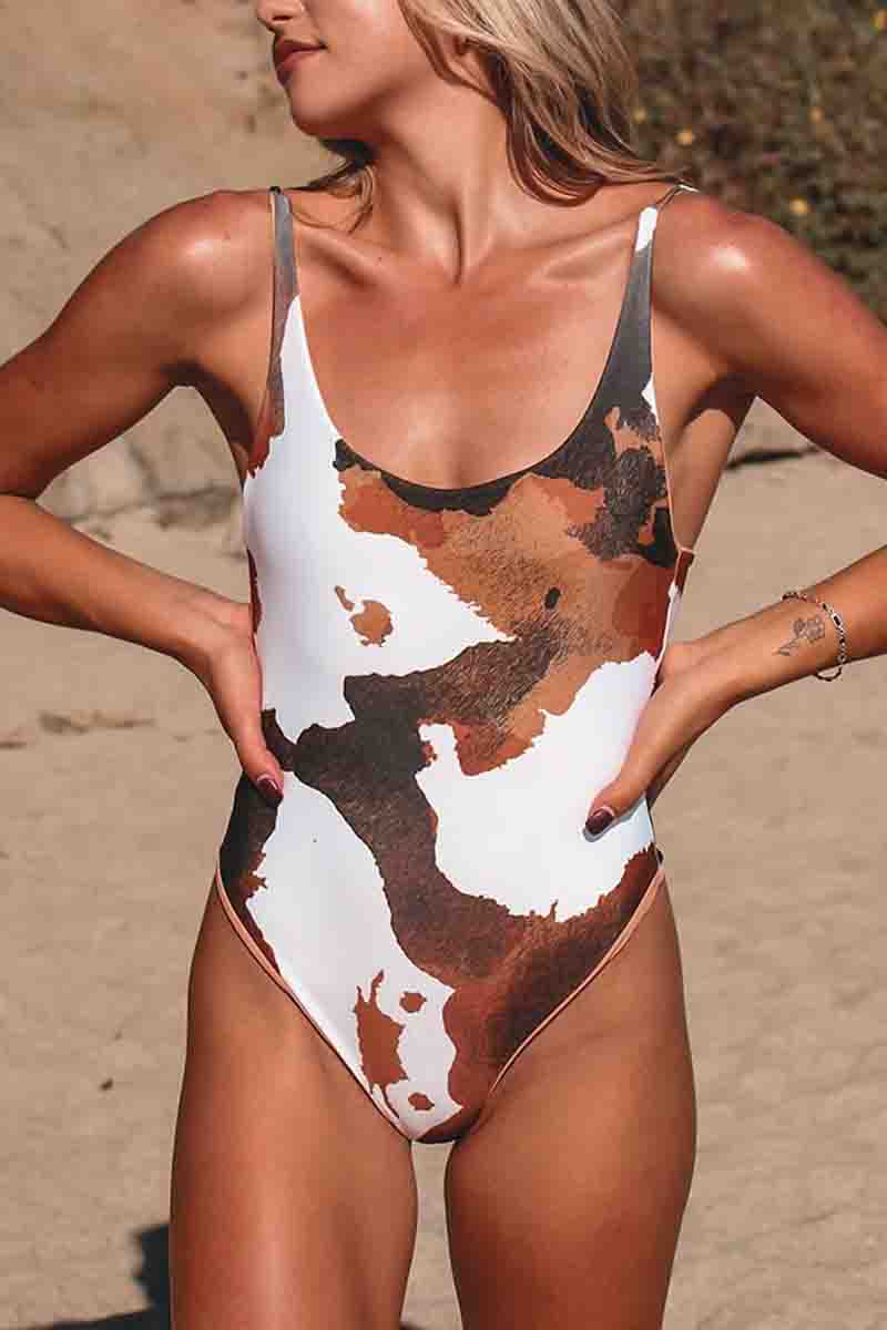 Cow Print Scoop Neck One-piece Swimsuit