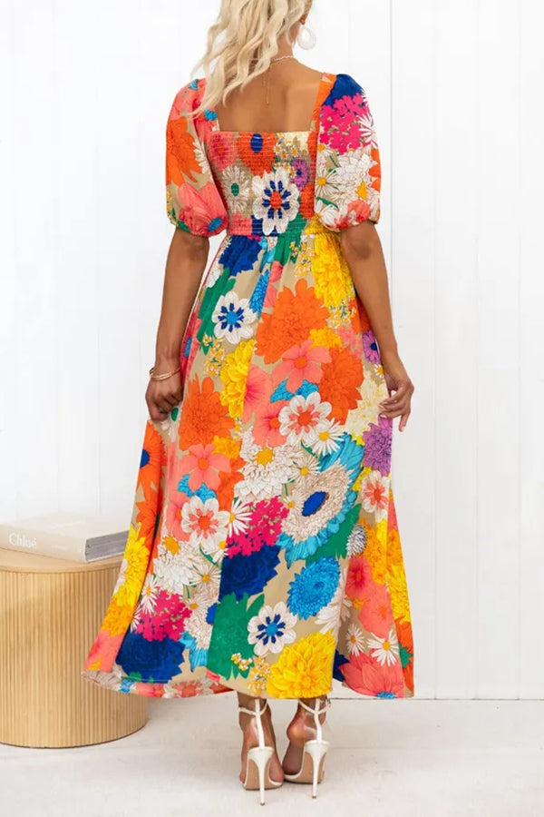 Floral Frenzy Printed Puff Sleeve Back Smocked Maxi Dress