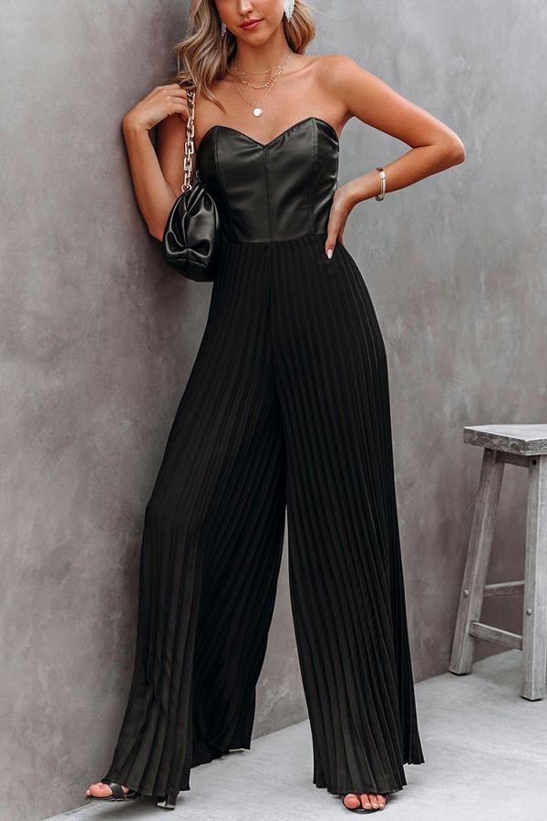 Strapless Faux Leather Pleated Jumpsuit