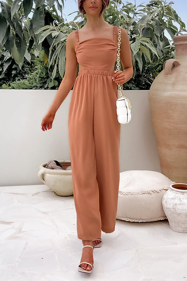 Solid Color Casual Design Open-Back Drop-Off Jumpsuit