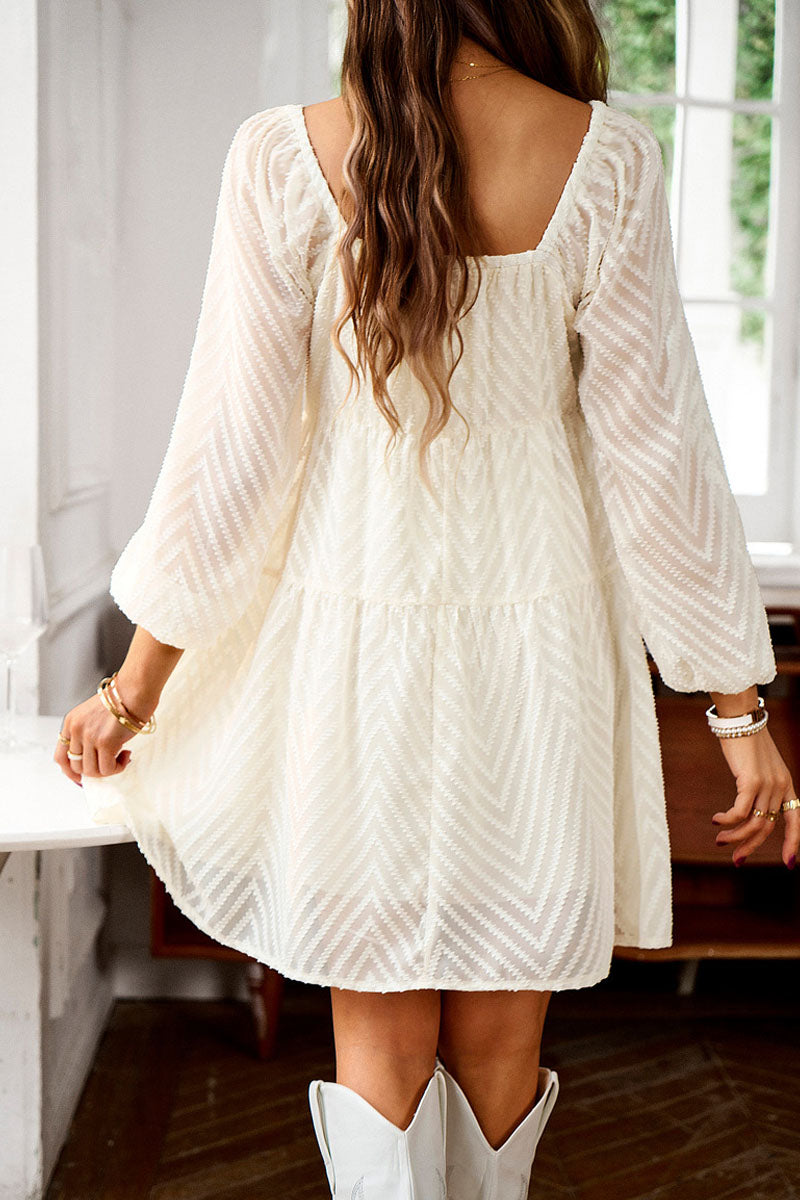 Square Neck Chiffon Jacquard  Long Sleeve Mini dress