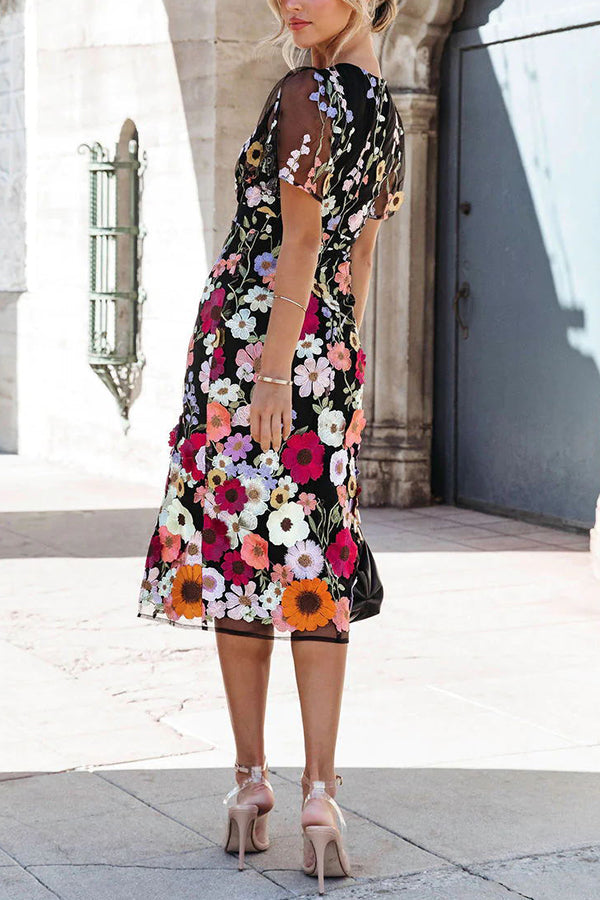 My Fair Lady Floral Applique Slit Midi Dress