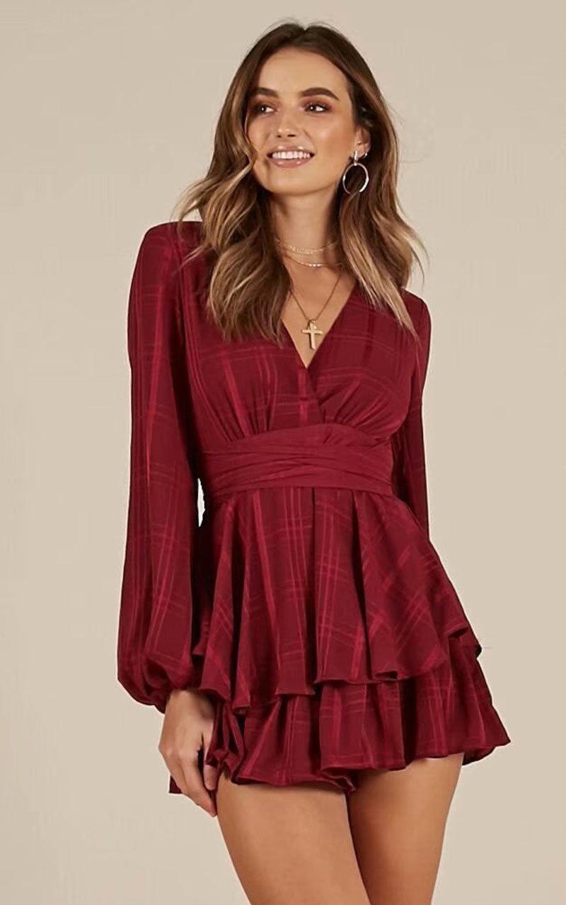 New Solid Color V-neck Lantern Perspective Sleeve Dress