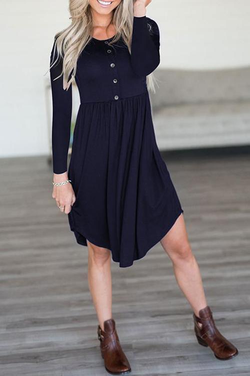 Round Neck Button Long Sleeve Dress