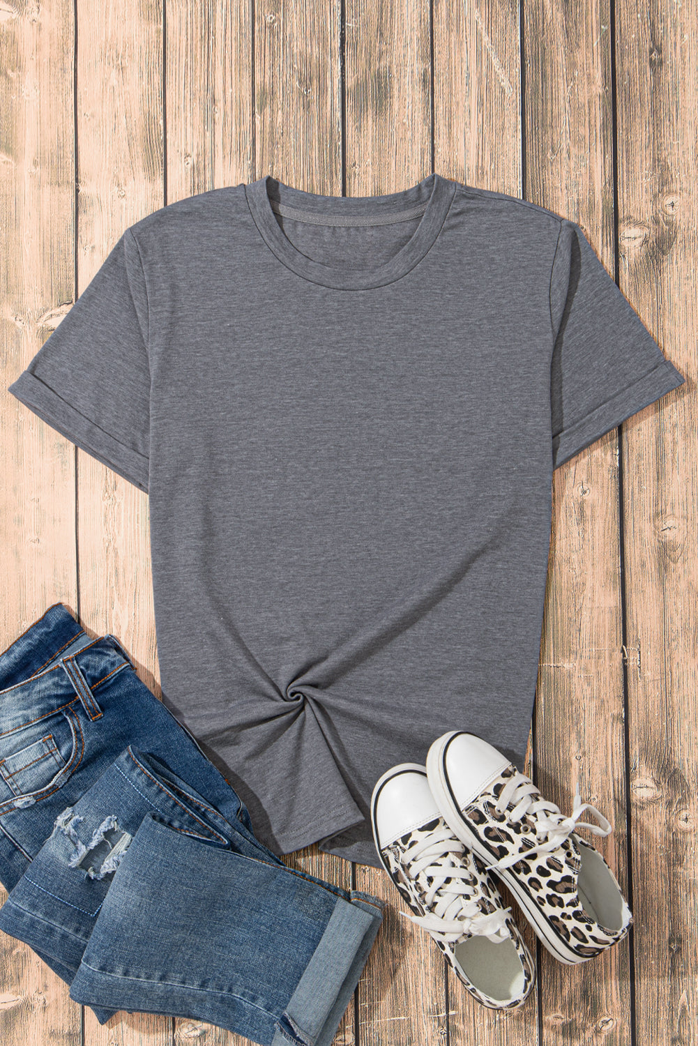 Blue Casual Plain Crew Neck Tee