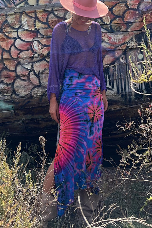 Preston Tie-dye Print Ruched Waist Stretch Slit Maxi Skirt