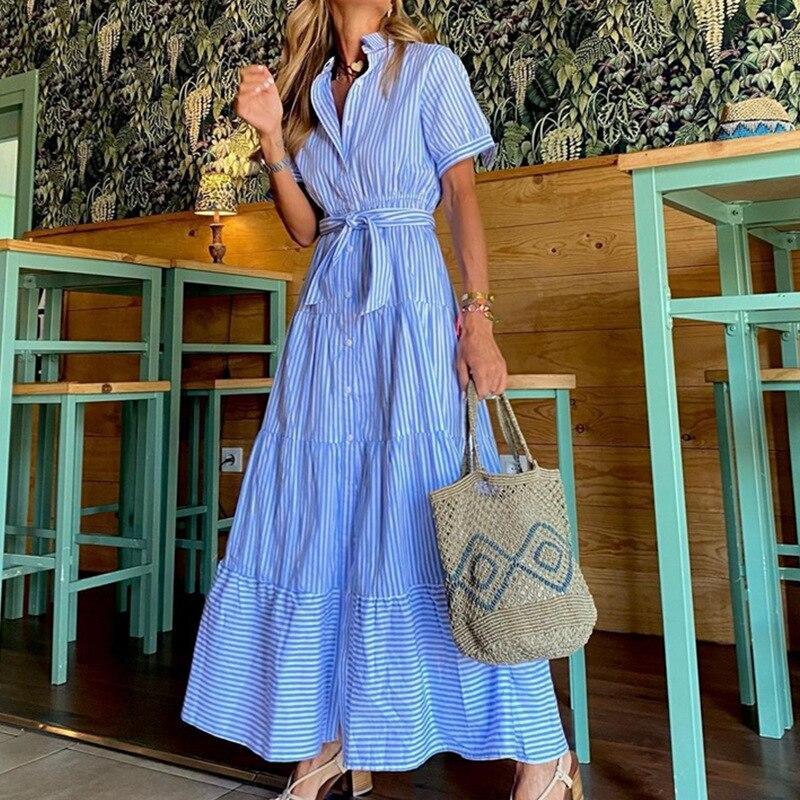 Blue Collared Striped Print Maxi Dress