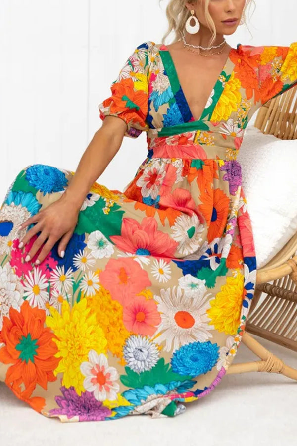 Floral Frenzy Printed Puff Sleeve Back Smocked Maxi Dress